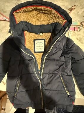 Fat Face Navy Puffer Jacket with Tan Sherpa Hood Lining